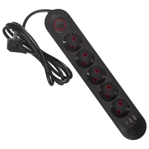Listwa zasilająca Maclean MCE395 B, przedłużacz 5 gniazd + 3xUSB, 110-240V AC 50/60Hz, 2.1A max 2500W, 1,5m, czarna