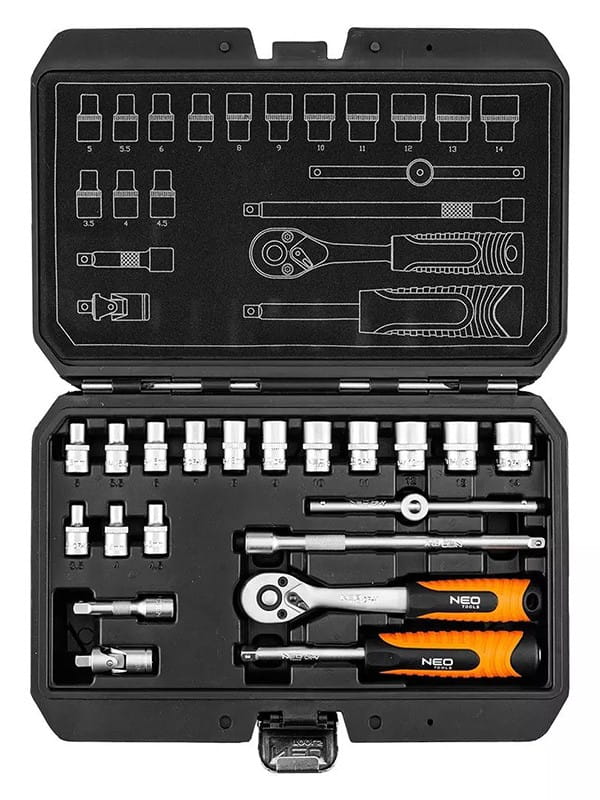 Zestaw kluczy nasadowych10-230, 20 szt, rozmiar 1/4, walizka, NEO TOOLS