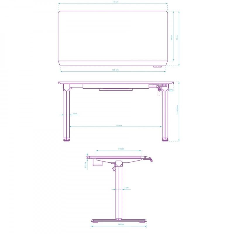 ULTRADESK Biurko dla gracza QUEST, 140x70cm, 72-120cm, biało-szary