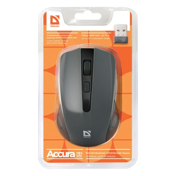 Defender Mysz Accura MM-935, 1600DPI, 2.4 [GHz], optyczna, 4kl., 1 scroll, bezprzewodowa, szara, 2 szt AAA, nano-odbiornik, zasięg
