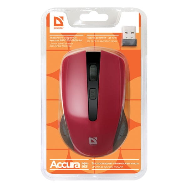 Defender Mysz Accura MM-935, 1600DPI, 2.4 [GHz], optyczna, 4kl., 1 scroll, bezprzewodowa, czerwona, 2 szt AAA, nano-odbiornik, zas
