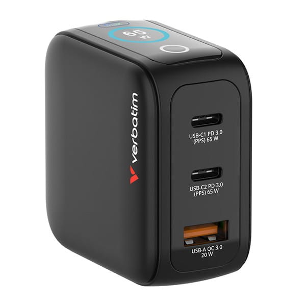 Verbatim, Mini ładowarka GaN z wyświetlaczem 2 x USB-C / 1 x USB-A, czarna, 65W, Wymienne wtyczki EU, UK, USA