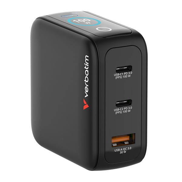 Verbatim, Mini ładowarka GaN z wyświetlaczem 2 x USB-C / 1 x USB-A, czarna, 100 W, Wbudowane zabezpieczenie nadprądowe