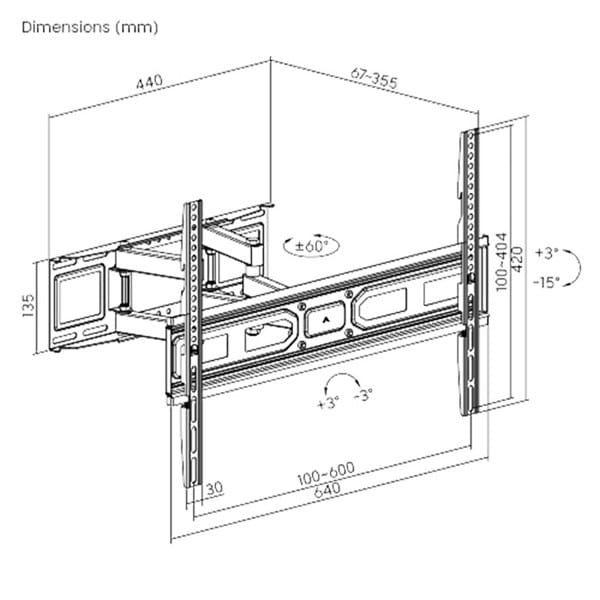 Regulowany uchwyt LPA78-466, 37"- 80", 40 kg max, 100x100 - 600x400mm VESA, 67-355mm, czarny