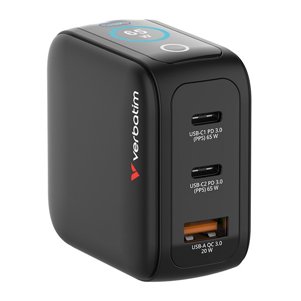 Verbatim, Mini ładowarka GaN z wyświetlaczem 2 x USB-C / 1 x USB-A, czarna, 65W, Wymienne wtyczki EU, UK, USA