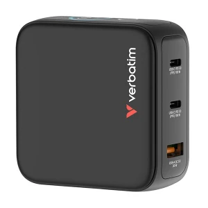 Verbatim, Mini ładowarka GaN z wyświetlaczem 2 x USB-C / 1 x USB-A, czarna, 100 W, Wbudowane zabezpieczenie nadprądowe
