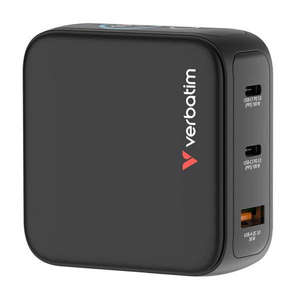 Verbatim, Mini ładowarka GaN z wyświetlaczem 2 x USB-C / 1 x USB-A, czarna, 100 W, Wbudowane zabezpieczenie nadprądowe