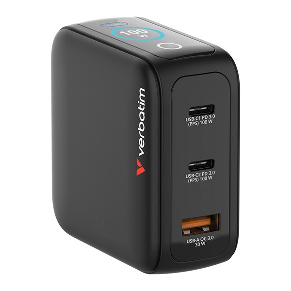 Verbatim, Mini ładowarka GaN z wyświetlaczem 2 x USB-C / 1 x USB-A, czarna, 100 W, Wbudowane zabezpieczenie nadprądowe