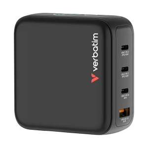 Verbatim, Mini ładowarka GaN z wyświetlaczem 3 x USB-C / 1 x USB-A, czarna, 140 W, Wymienne wtyczki EU, UK, USA