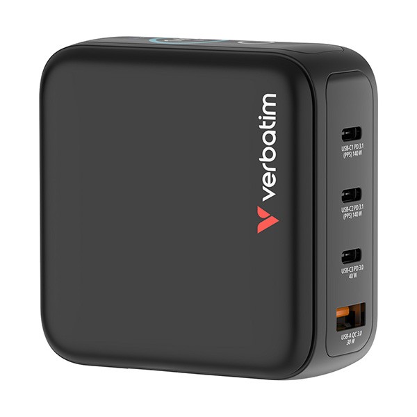 Verbatim, Mini ładowarka GaN z wyświetlaczem 3 x USB-C / 1 x USB-A, czarna, 140 W, Wymienne wtyczki EU, UK, USA