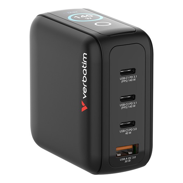 Verbatim, Mini ładowarka GaN z wyświetlaczem 3 x USB-C / 1 x USB-A, czarna, 140 W, Wymienne wtyczki EU, UK, USA