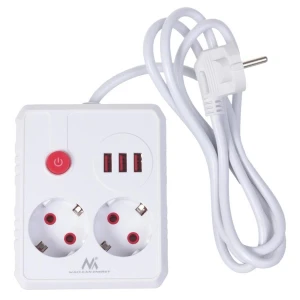 Listwa zasilająca Maclean MCE387 W, przedłużacz 2 gniazda + 3xUSB, 110-240V AC 50/60Hz, 2.1A max 2500W, 1.5m, biała