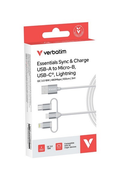 Verbatim USB kabel USB A M - Micro-B, USB-C, Lightning Cable, 18W, 1m, biała, box, 32394