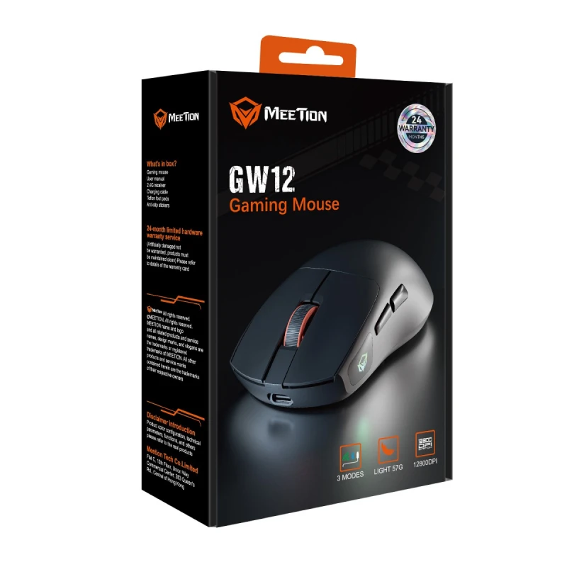 Meetion GW12 Mysz czarna, 12800DPI, Tri-Mode