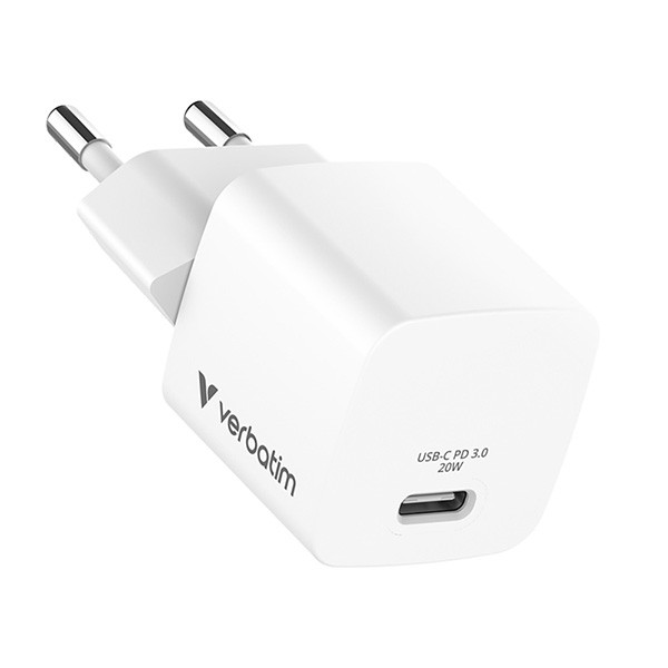 Verbatim, Ładowarka Mini GaN 1 x USB-C, biała, 20 W, do użytku w pomieszczeniach
