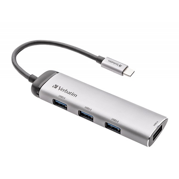 USB (3.2) Gen 1 4-port, 49147, szara, długość przewodu 15cm, Verbatim, 1 x połączenie USB-C, porty 4 x USB 3.2 Gen 1