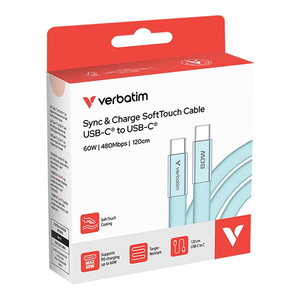 Verbatim USB-C kabel SoftTouch USB C (M) - USB C (M), 60W, 1.2m, Cyan, box, 30273