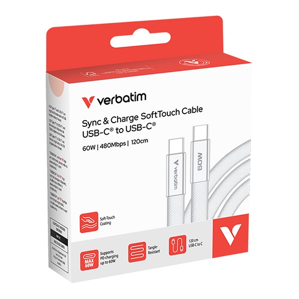 Verbatim USB-C kabel SoftTouch USB C (M) - USB C (M), 60W, 1.2m, Biały, box, 30274
