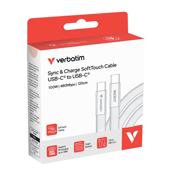 Verbatim USB-C kabel SoftTouch USB C (M) - USB C (M), 100W, 1.2m, Biały, box, 30277