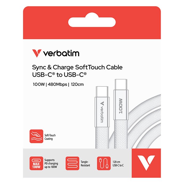 Verbatim USB-C kabel SoftTouch USB C (M) - USB C (M), 100W, 1.2m, Biały, box, 30277