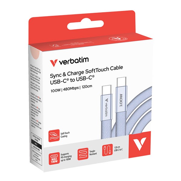 Verbatim USB-C kabel SoftTouch USB C (M) - USB C (M), 100W, 1.2m, fiolet, box, 30278