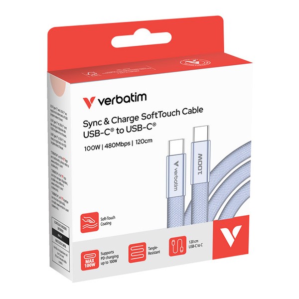 Verbatim USB-C kabel SoftTouch USB C (M) - USB C (M), 100W, 1.2m, fiolet, box, 30278