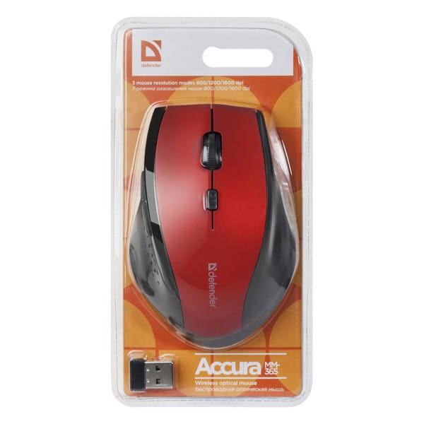 Defender Mysz Accura MM-365, 1600DPI, 2.4 [GHz], optyczna, 6kl., 1 scroll, bezprzewodowa, czarno-czerwona, 2 szt AAA, nano odbiorn
