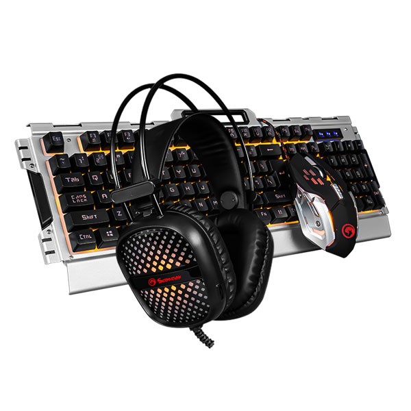 Marvo CM303 zestaw klawiatura przewodowa (USB) CZ/SK, srebrna + mysz i słuchawki dla graczy, do gry, membranowa rodzaj podświetlon