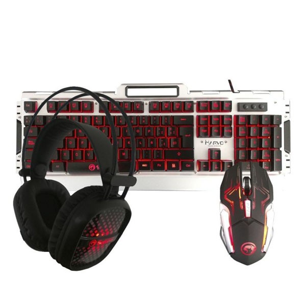 Marvo CM303 zestaw klawiatura przewodowa (USB) CZ/SK, srebrna + mysz i słuchawki dla graczy, do gry, membranowa rodzaj podświetlon