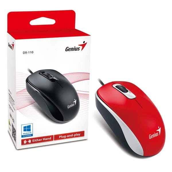 Genius Mysz DX-110, 1000DPI, optyczna, 3kl., 1 scroll, przewodowa USB, czerwona, standardowy, uniwersalny