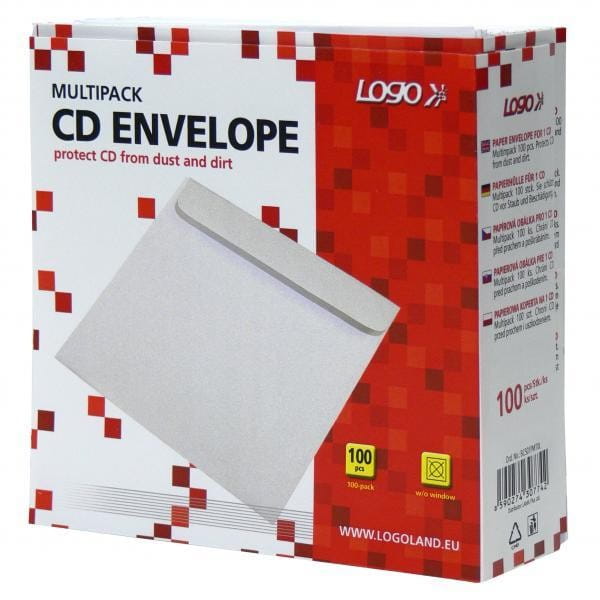 Koperta na 1 szt. CD, papier, biała, z lepiącą klapką, Logo, 100-pack