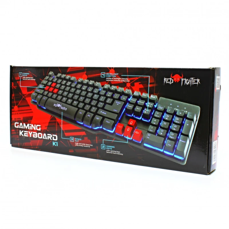 RED FIGHTER K1, Klawiatura US, do gry, podświetlona typ przewodowa (USB), czarna, 3 kolory podświetlania