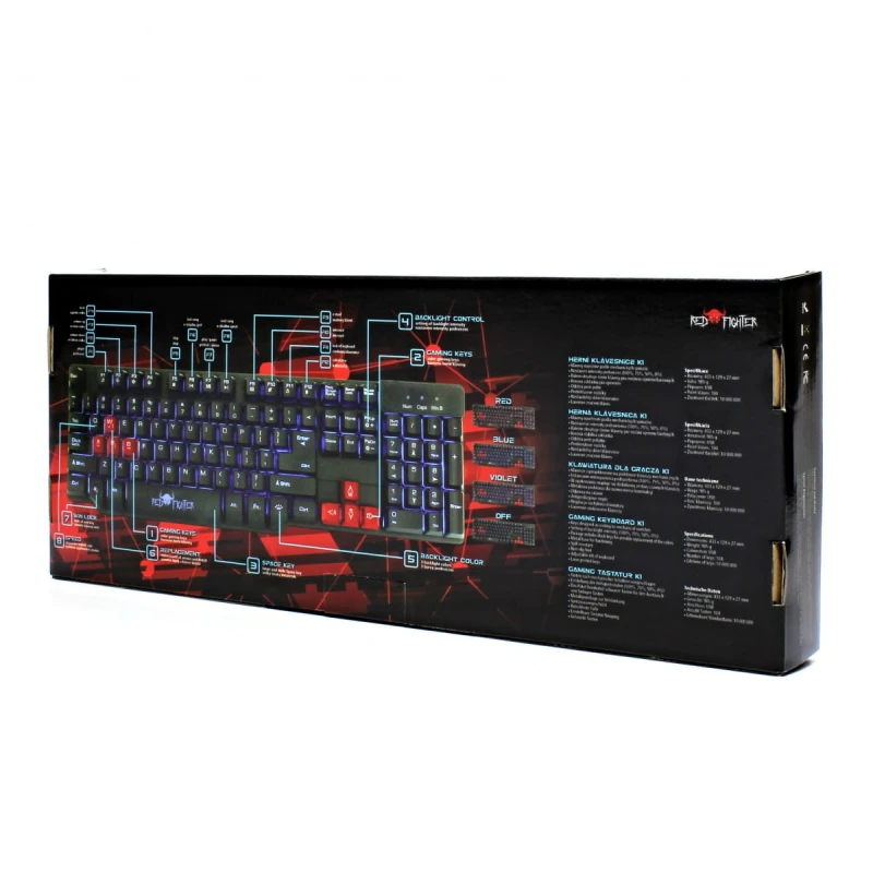 RED FIGHTER K1, Klawiatura US, do gry, podświetlona typ przewodowa (USB), czarna, 3 kolory podświetlania
