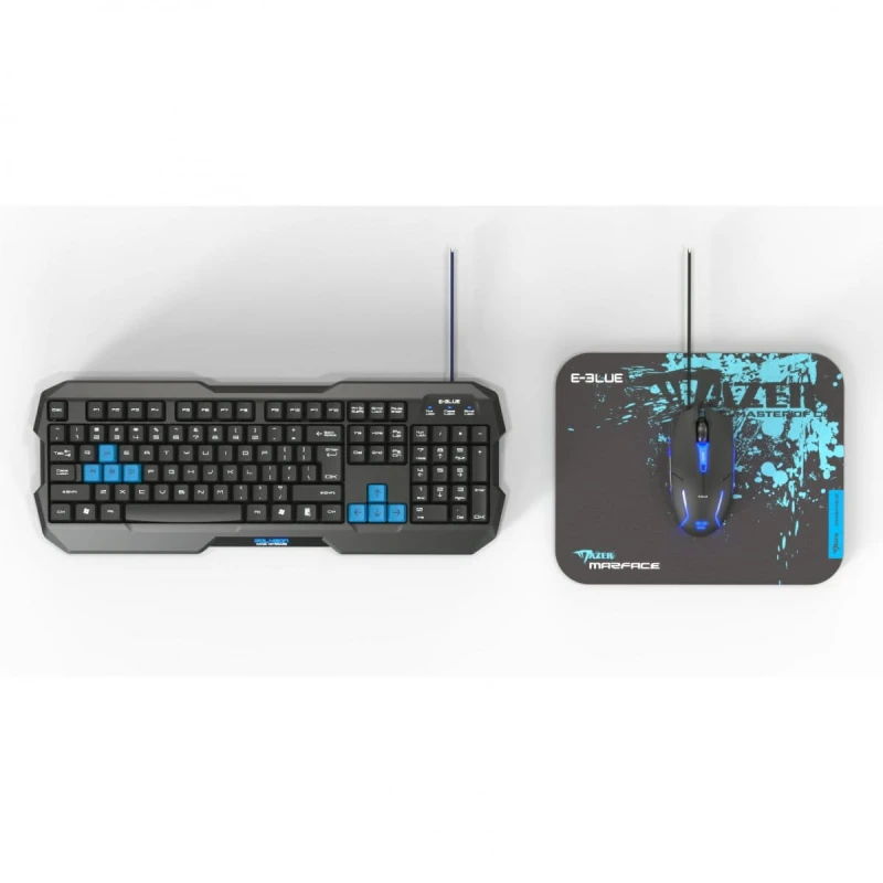 E-BLUE Polygon, Zestaw klawiatur z myszką Cobra II, US, do gry, z podkładką Mazer Marface S typ przewodowa (USB), czarno-niebieski