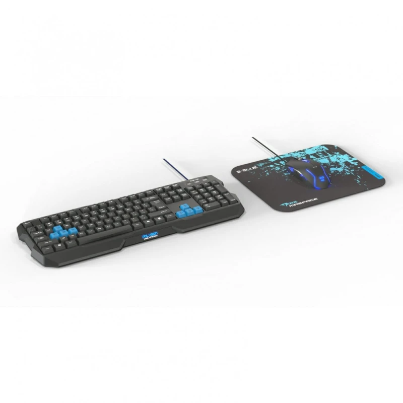 E-BLUE Polygon, Zestaw klawiatur z myszką Cobra II, US, do gry, z podkładką Mazer Marface S typ przewodowa (USB), czarno-niebieski