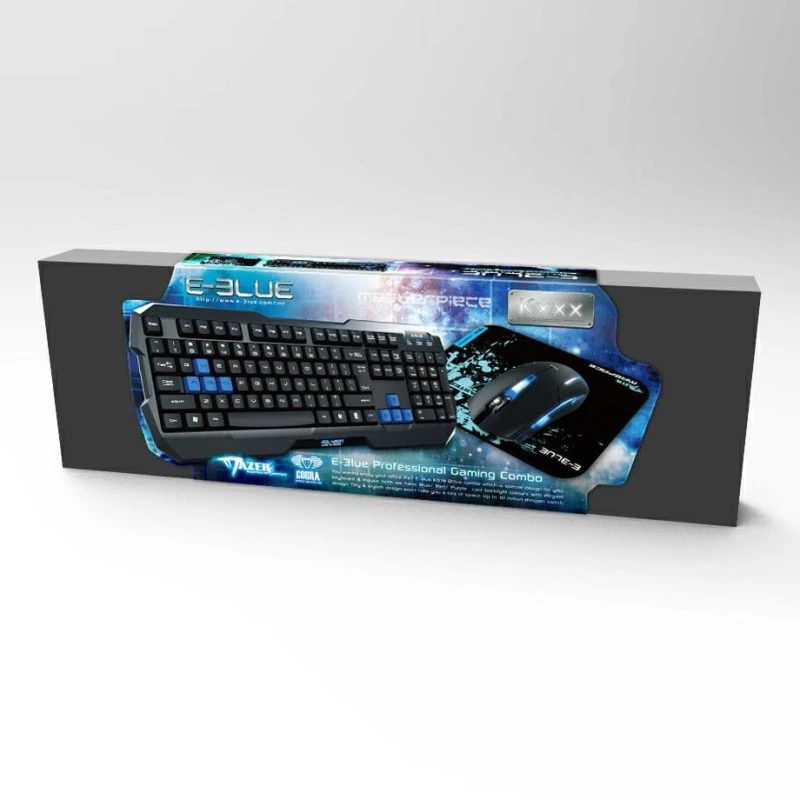 E-BLUE Polygon, Zestaw klawiatur z myszką Cobra II, US, do gry, z podkładką Mazer Marface S typ przewodowa (USB), czarno-niebieski
