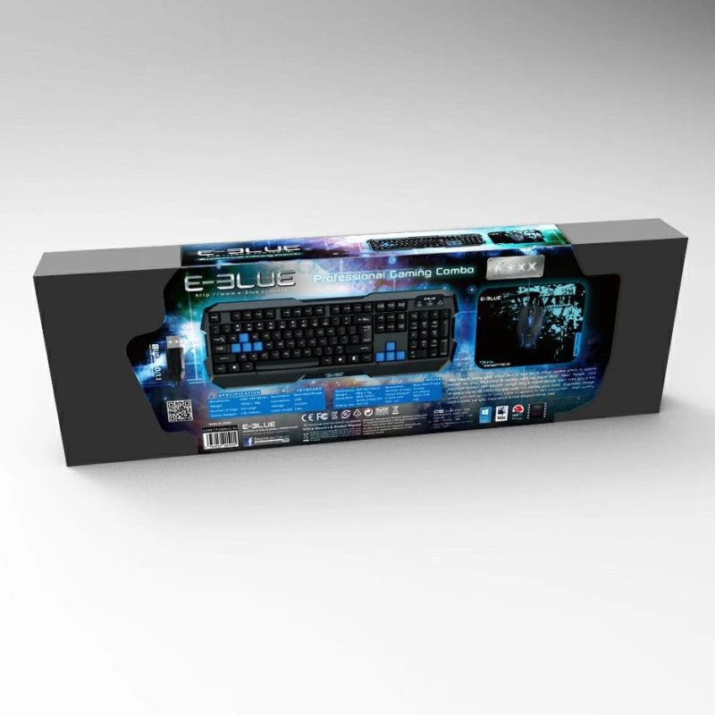 E-BLUE Polygon, Zestaw klawiatur z myszką Cobra II, US, do gry, z podkładką Mazer Marface S typ przewodowa (USB), czarno-niebieski