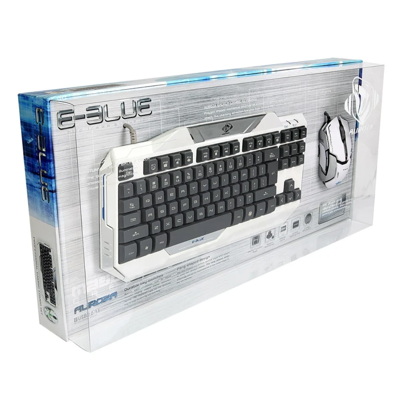E-BLUE Auroza, Zestaw klawiatur z optyczną mysz do gier, US, do gry, przewodowa (USB), biała