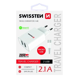 SWISSTEN Zasilacz / sieciowy adapter 10W, 2-portowy, USB-A, kabel microUSB, Smart IC