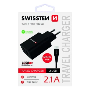 SWISSTEN Zasilacz / sieciowy adapter 10W, 2-portowy, USB-A, kabel microUSB, Smart IC