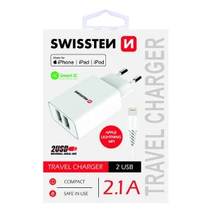 SWISSTEN Zasilacz / sieciowy adapter 10W, 2-portowy, USB-A, kabel Lightning Mfi, Smart IC