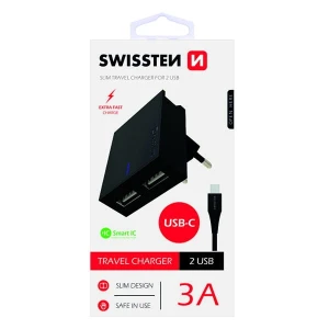 SWISSTEN Zasilacz / sieciowy adapter 15W, 2-portowy, USB-A, kabel USB-C, podstawka / stojak na telefon