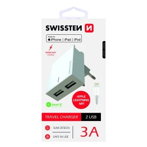 SWISSTEN Zasilacz / sieciowy adapter 15W, 2-portowy, USB-A, kabel Lightning Mfi, podstawka / stojak na telefon