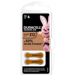 Bateria cynkowo-powietrzna., ZA312, PR41, AC312, DA312, do aparatów słuchowych, Duracell, blistr, 6-pack, 42433