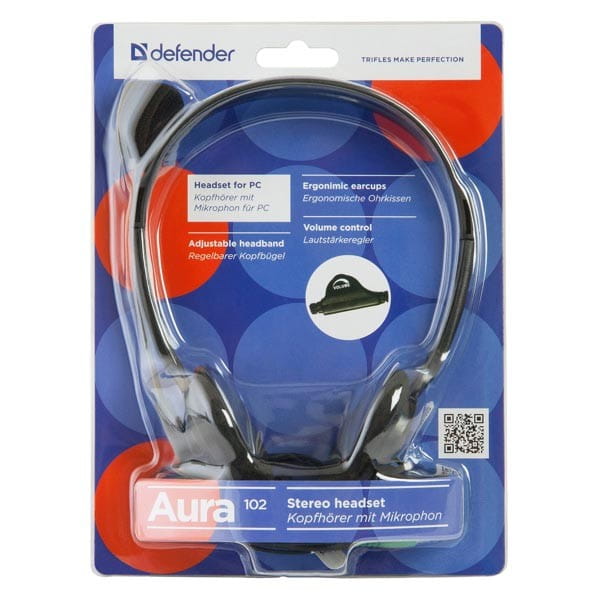 Defender Aura HN-102, słuchawki z mikrofonem, regulacja głośności, czarna, otwarta, 2x 3.5 mm jack